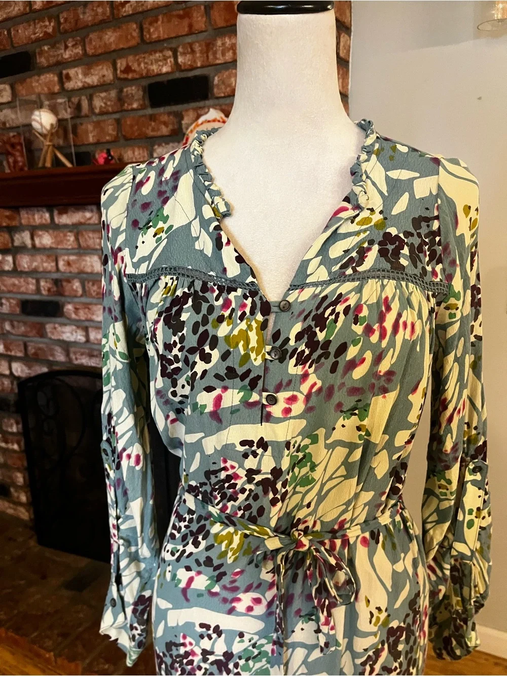 Dolan Anthropologie Abstract Floral Print Button-Front Women's Dress in Teal - Picture 2 of 6